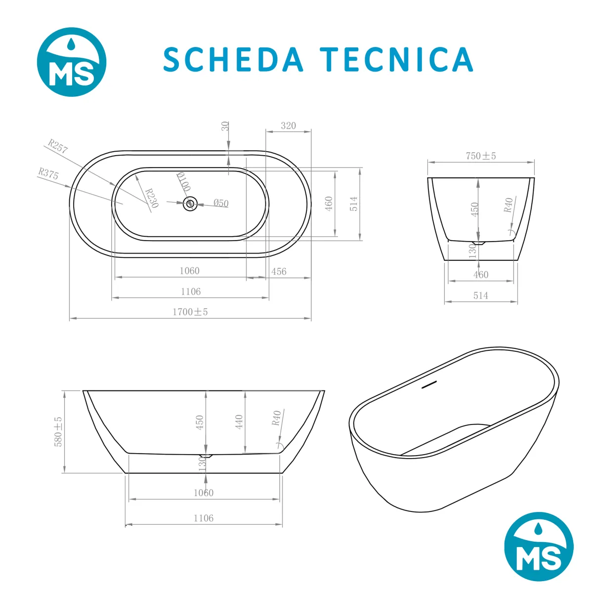 Freistehende Badewanne Glänzend weiß 170x75 MOON