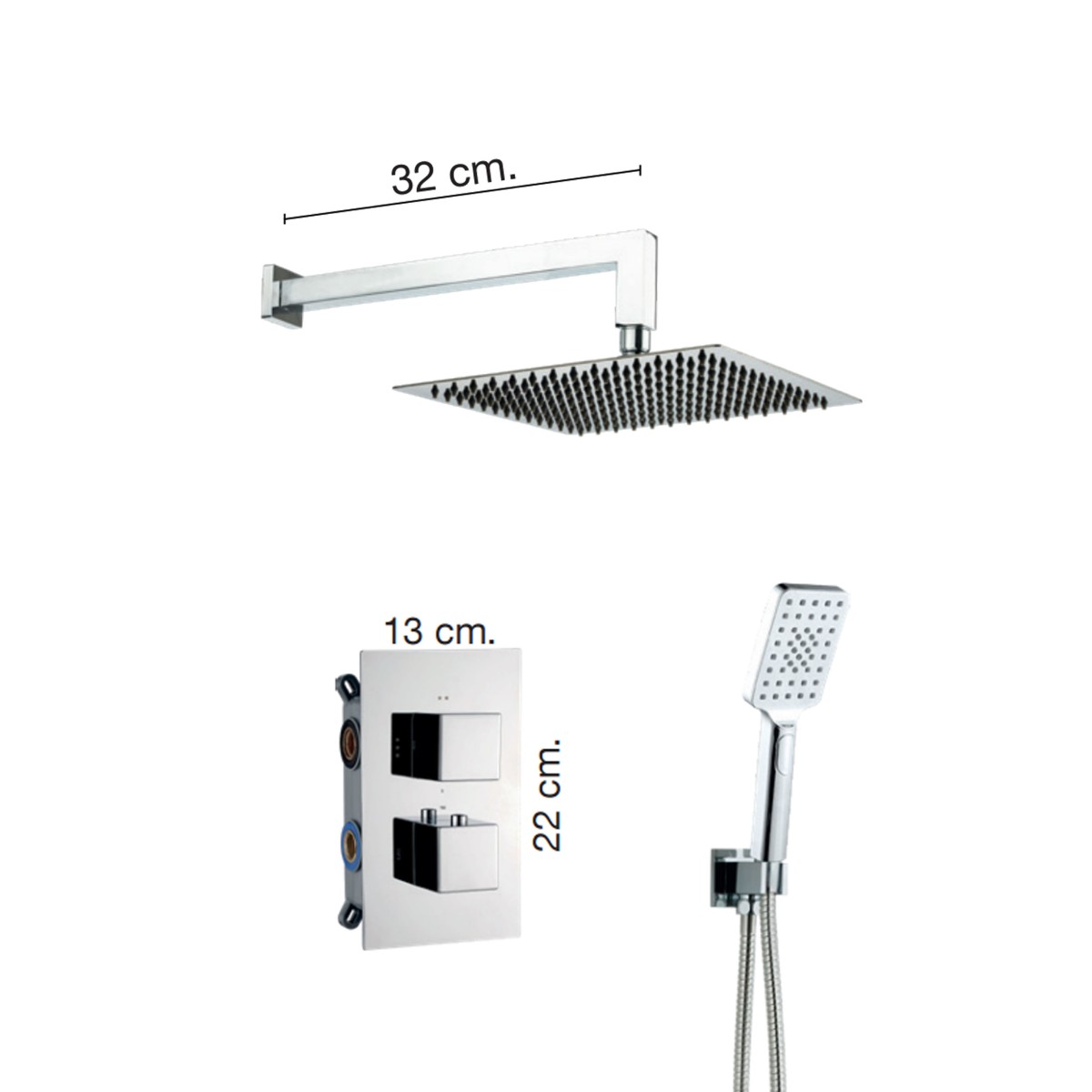 Ensemble pomme de douche, inverseur thermostatique carré 2 voies | Vacciago