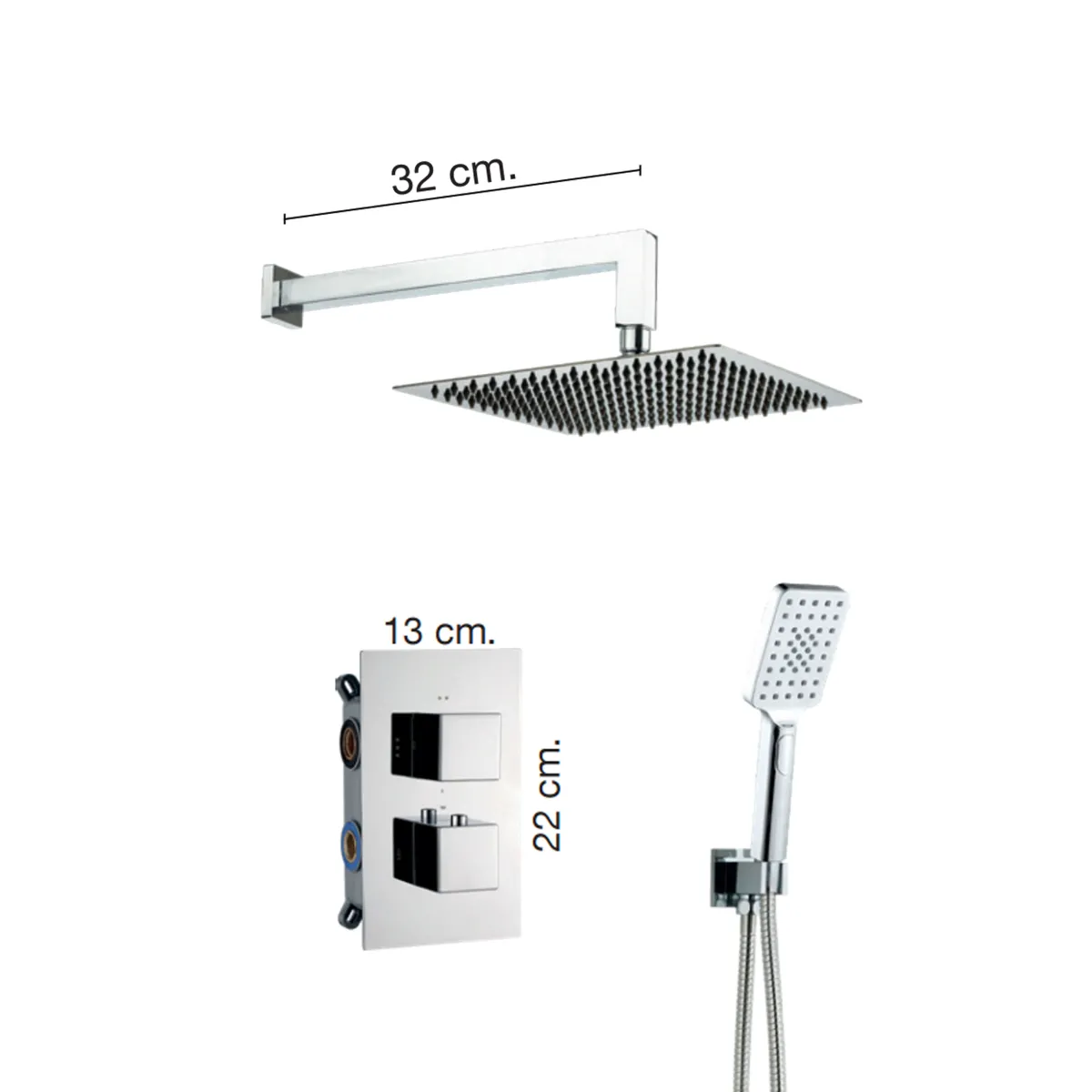 Pacchetto doccia soffione, deviatore a 2 vie termostatico quadrato | Vacciago