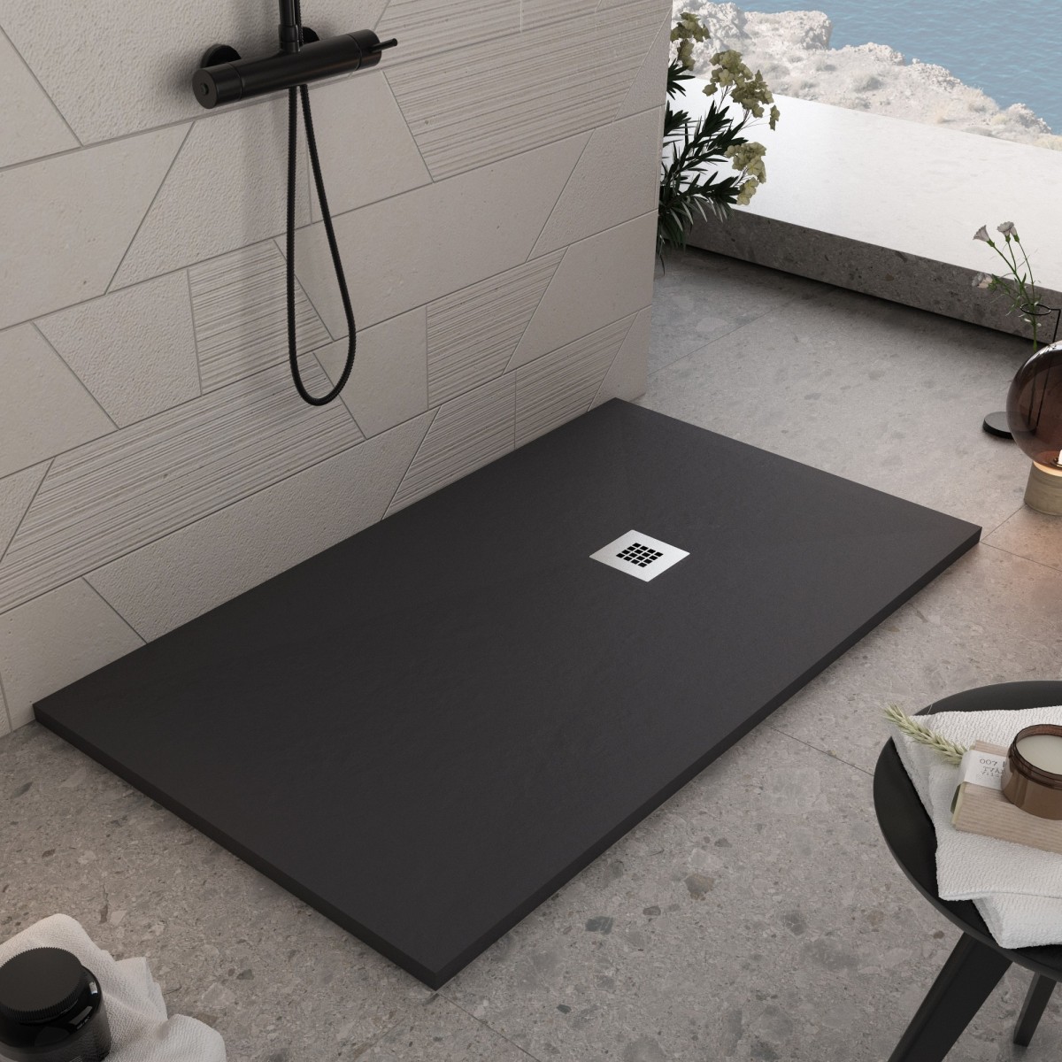Receveur de douche noir 120x80 en résine marbrée avec grille en acier inoxydable et siphon STAR PLUS