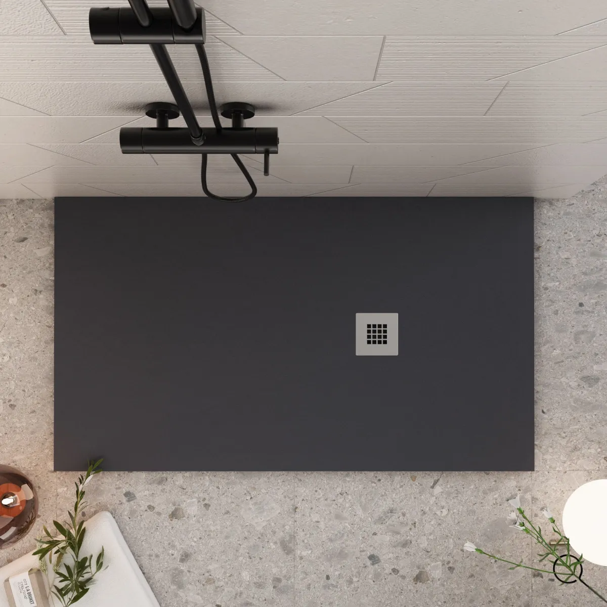 Receveur de douche noir 120x80 en résine marbrée avec grille en acier inoxydable et siphon STAR PLUS