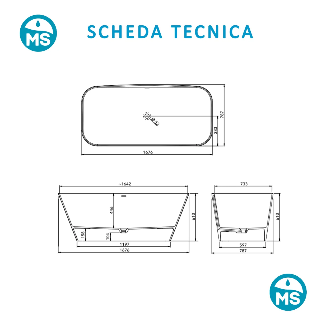 Freistehende Badewanne 170x80 mit DAFNE-Überlauf