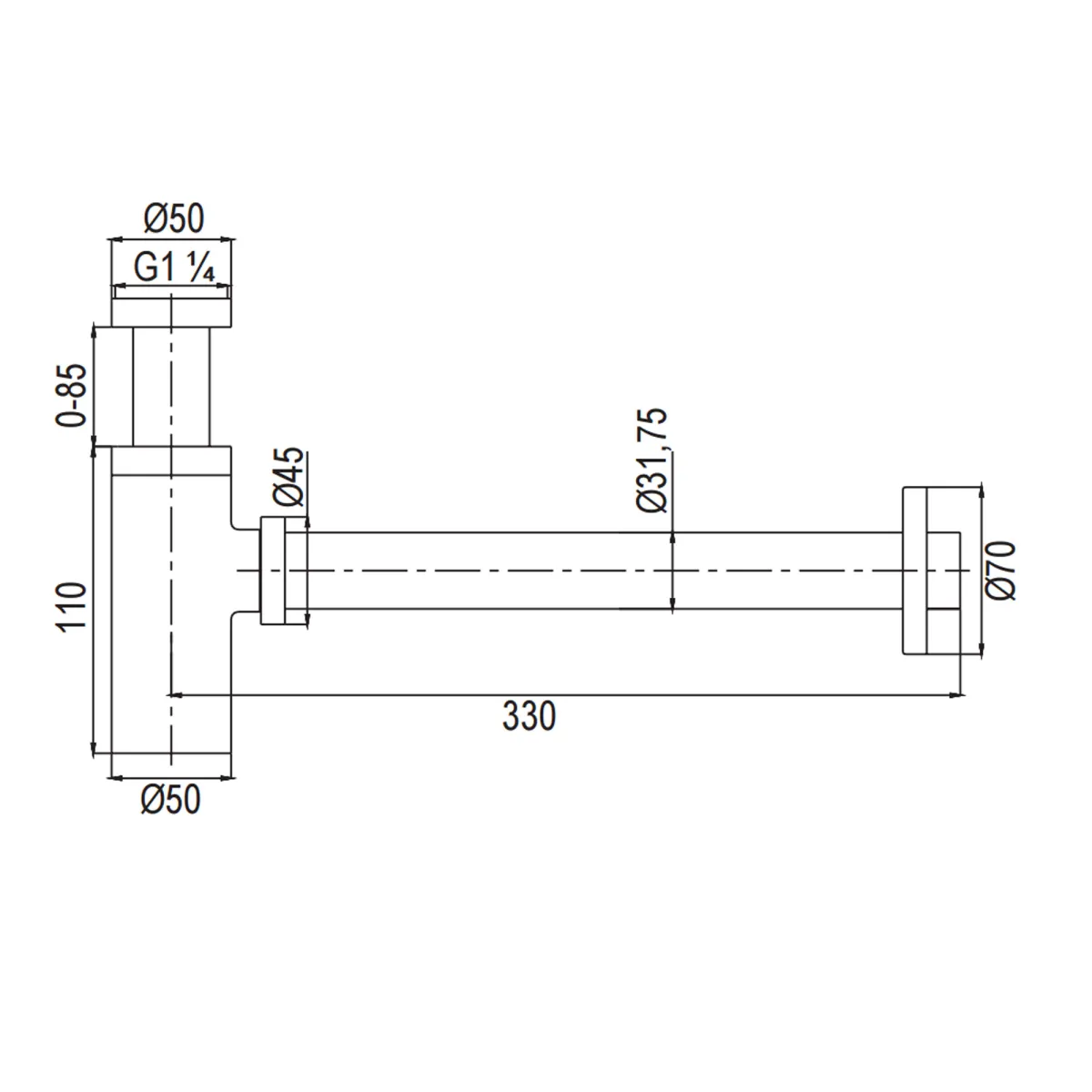 Siphon télescopique noir mat, inspectable, pour évier