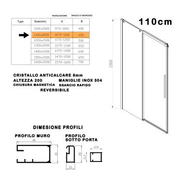 Porta doccia 110cm 8mm h200