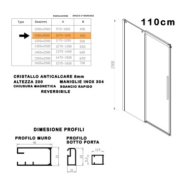 Porte de douche pour niche avec profilés en acier satiné h200