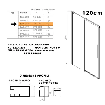 Porta doccia 120cm 8mm h200