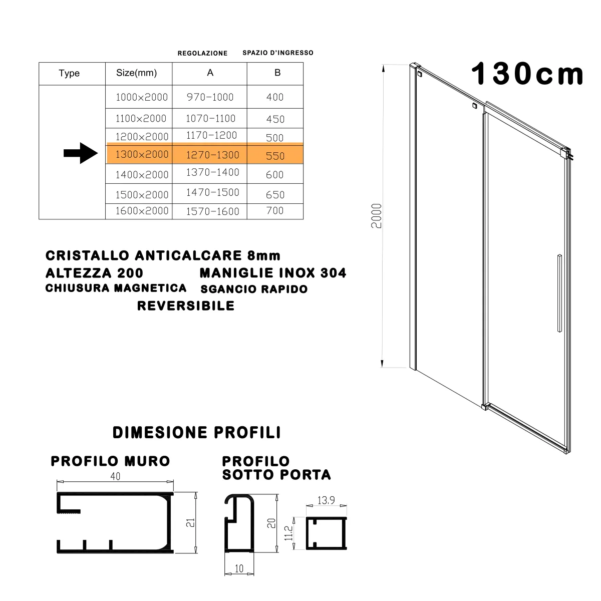 Porta doccia 130cm 8mm h200
