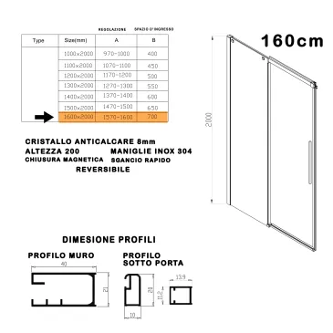 Porta doccia 160cm 8mm h200