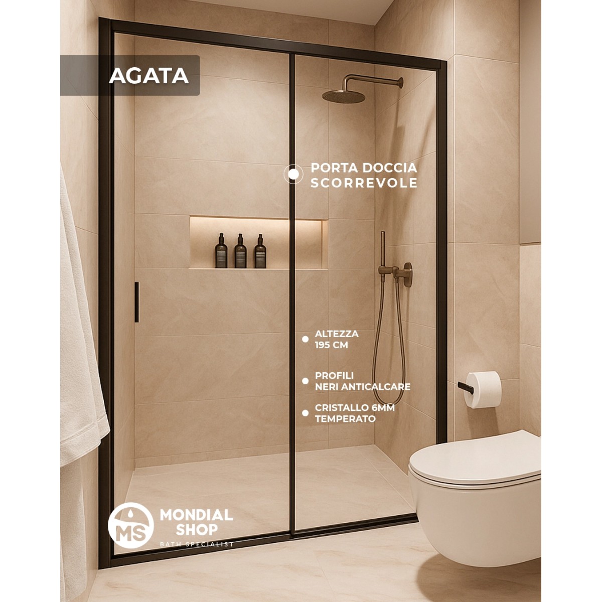 Porta doccia anta scorrevole H195 anticalcare AGATA