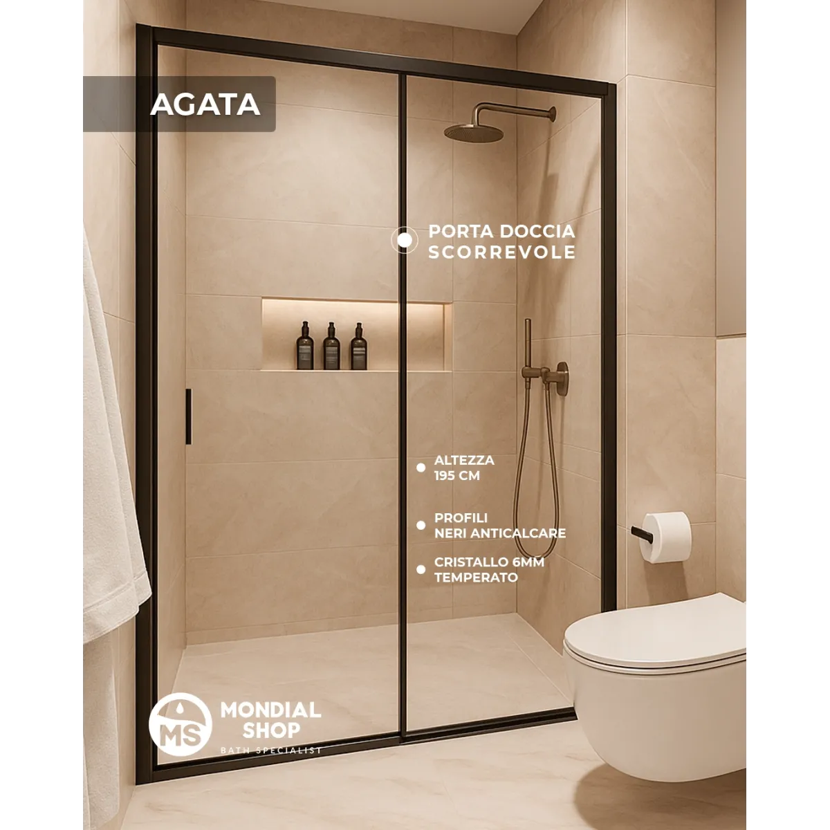 Porta doccia anta scorrevole H195 anticalcare AGATA