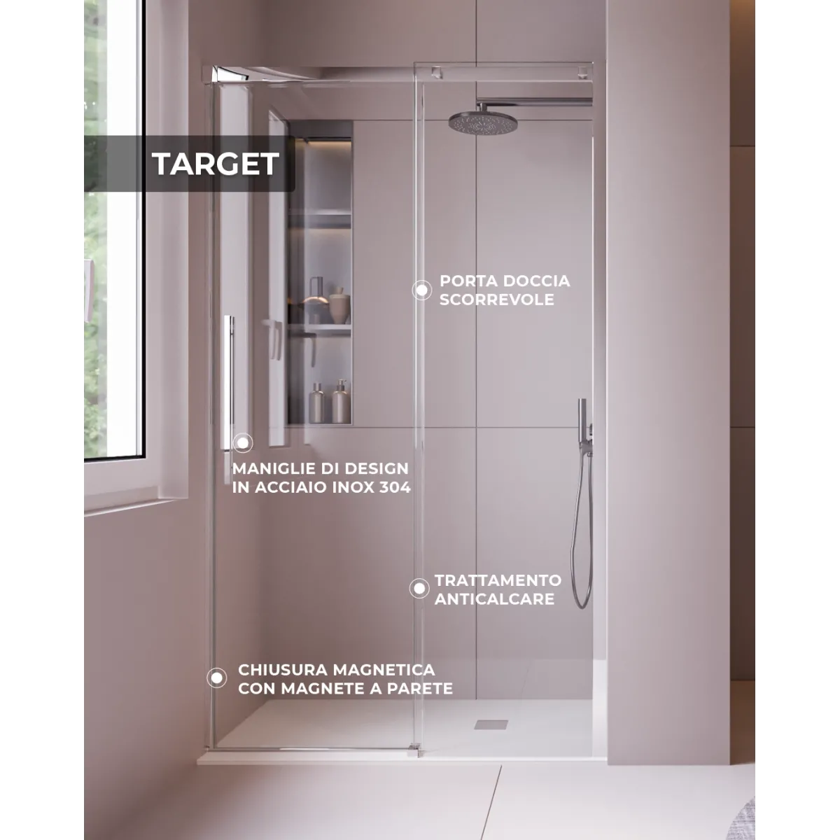 Duschtür für Nische mit satinierten Stahlprofilen H200