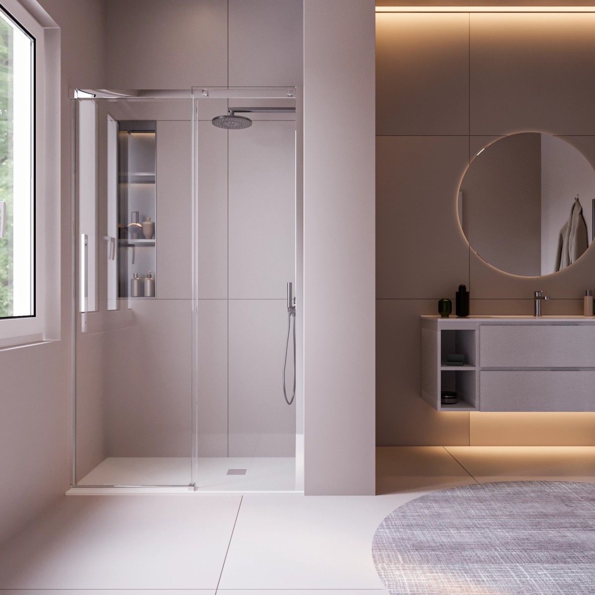 Porte de douche pour niche avec profils en acier satiné h200