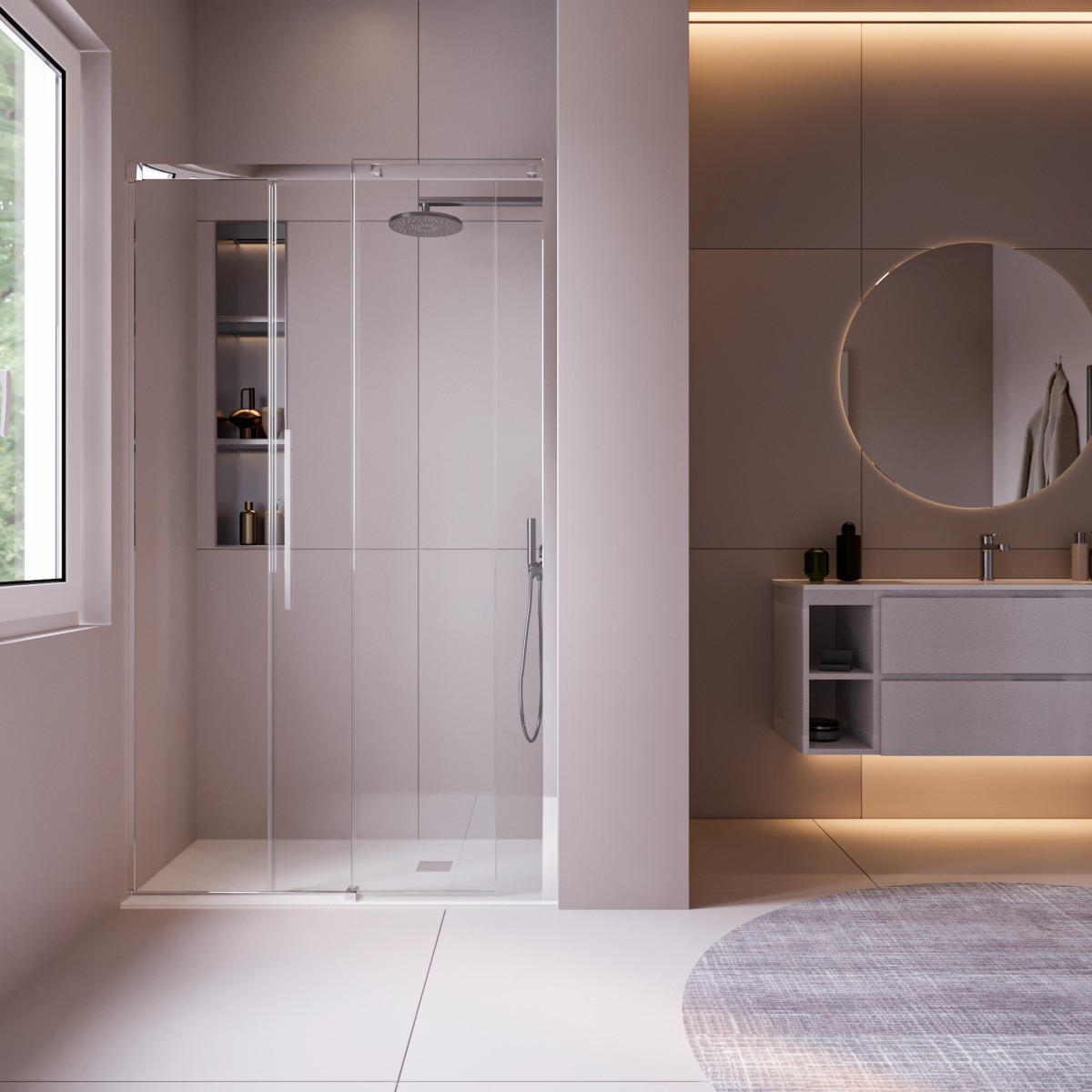 Porte de douche pour niche avec profils en acier satiné h200