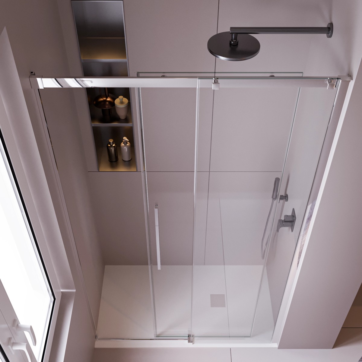 Porte de douche pour niche avec profils en acier satiné h200