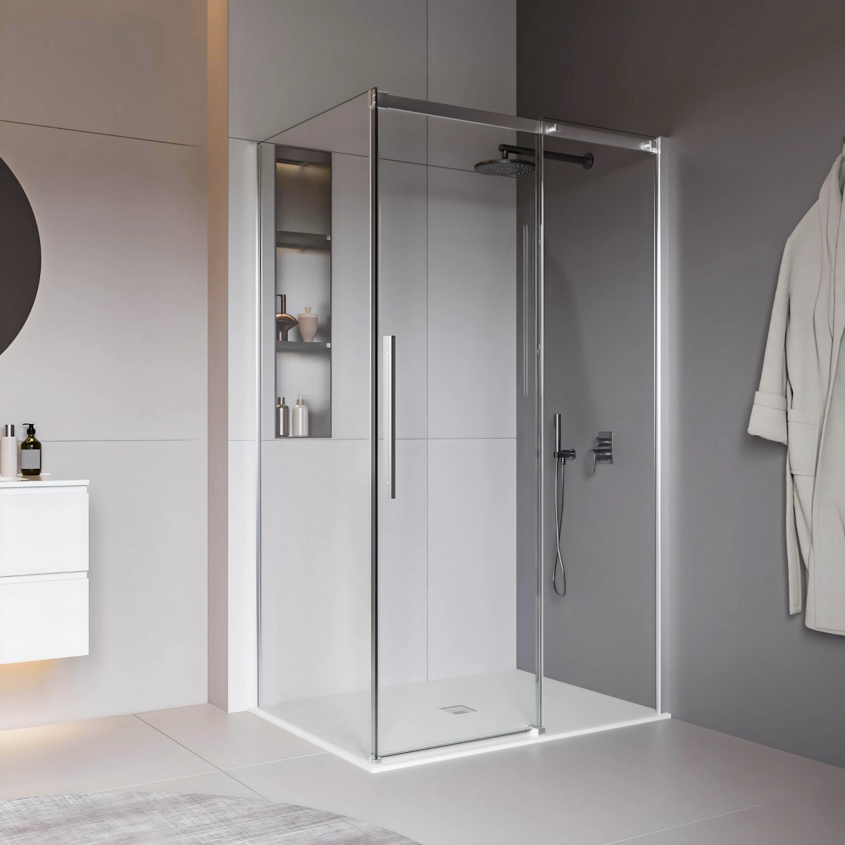 Cabine de douche avec porte coulissante sur deux côtés, hauteur 200 cm, traitement anticalcaire TARGET.