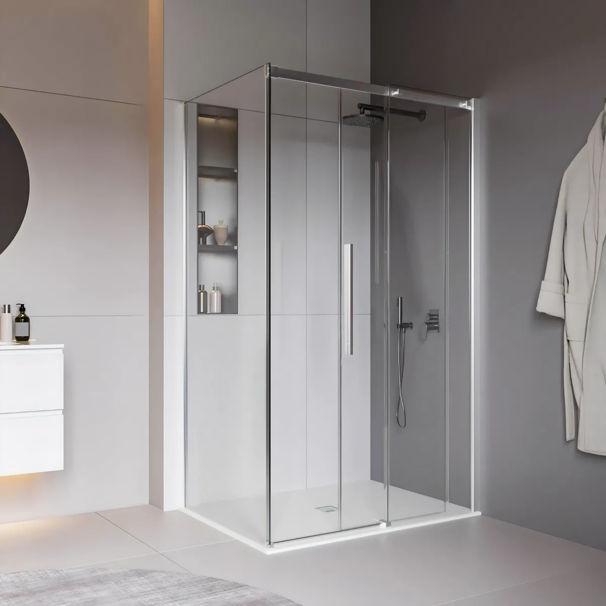 Cabine de douche avec porte coulissante sur deux côtés, hauteur 200 cm, traitement anticalcaire TARGET.