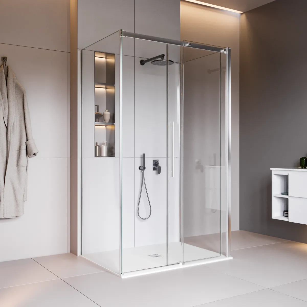 Cabine de douche 3 côtés avec paroi fixe H195,...