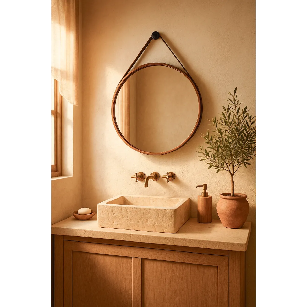 copy of Runder Spiegel zum Aufhängen mit schwarzem Leder- oder CAPO-Ledergürtel