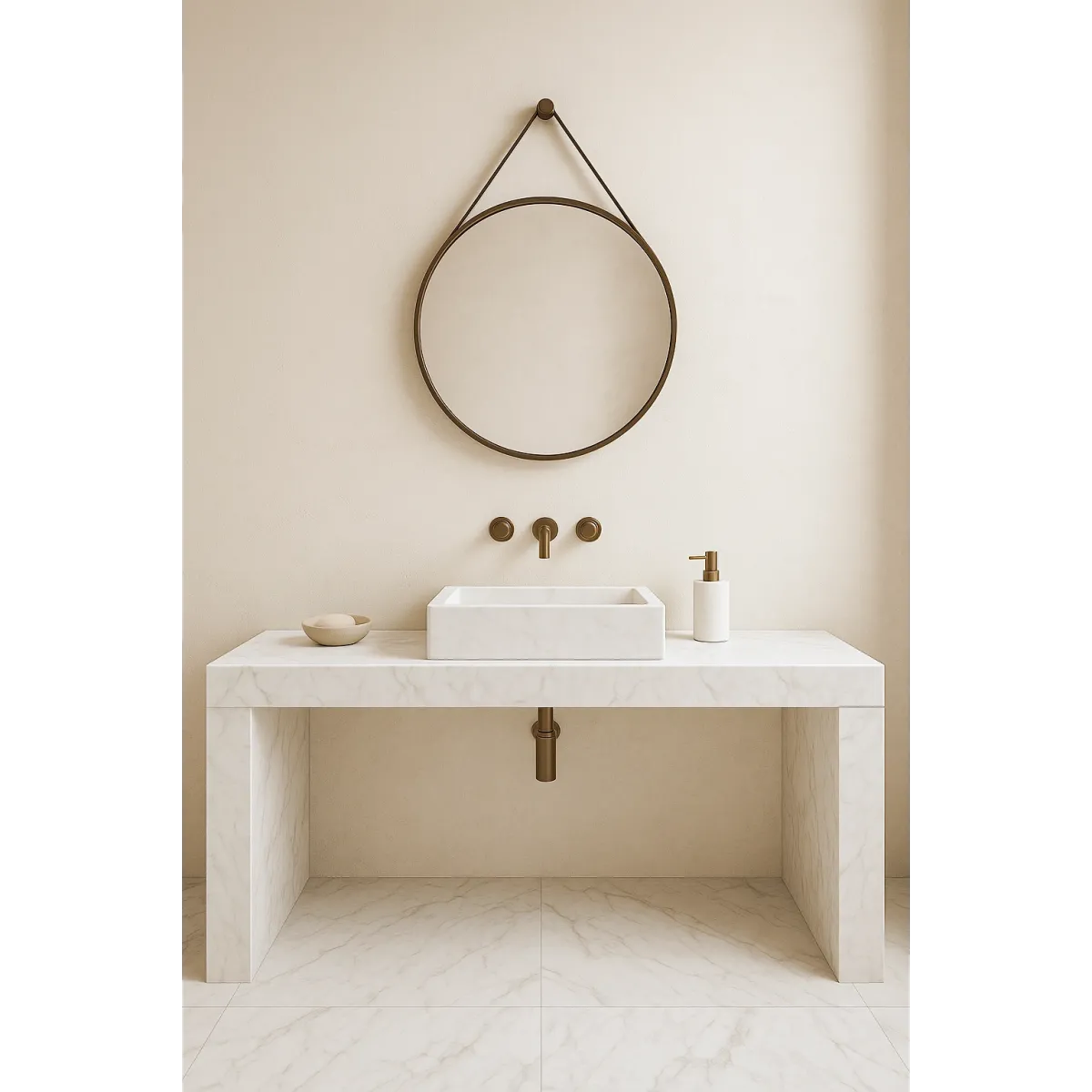 copy of Runder Spiegel zum Aufhängen mit schwarzem Leder- oder CAPO-Ledergürtel