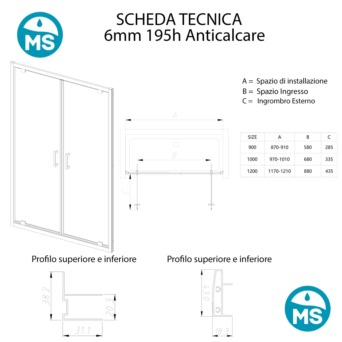Porte de douche h195 Saloon Double charnière intérieur extérieur anticalcaire