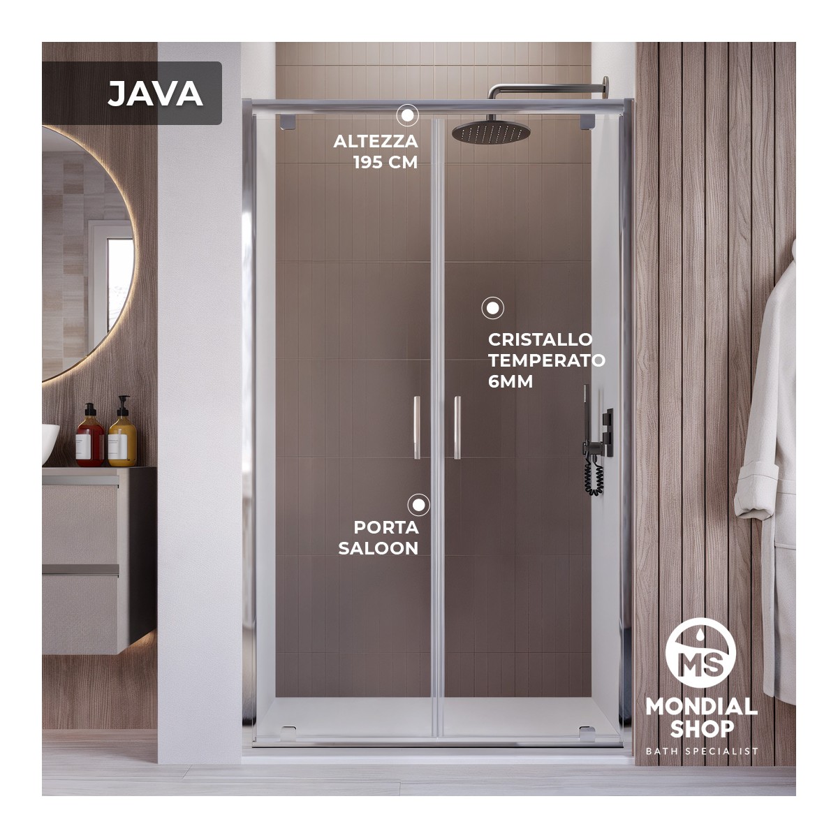 Porta Doccia h195 Saloon dentro fuori anticalcare 6mm JAVA