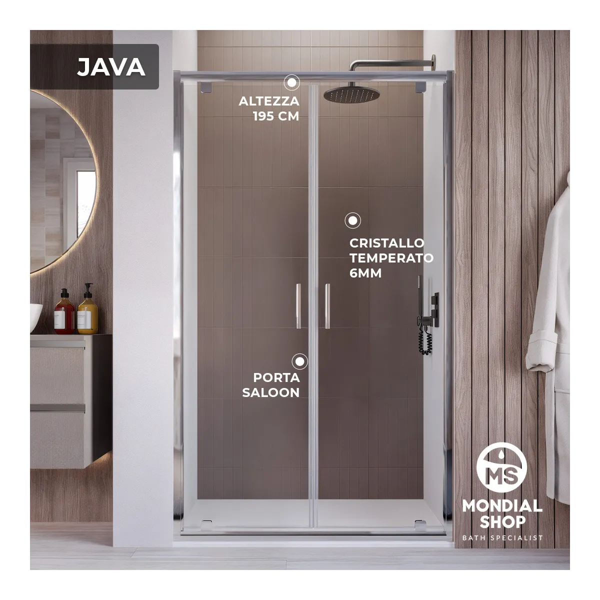 Porte de douche h195 Saloon Double charnière intérieur extérieur anticalcaire