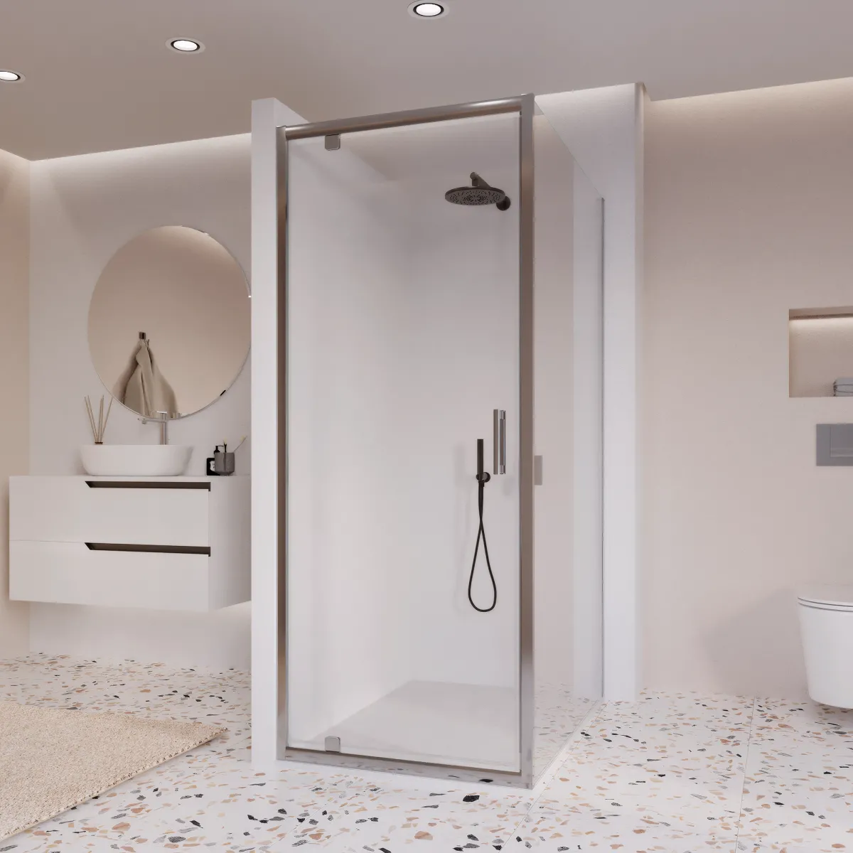 Zweiseitige Duschkabine mit feststehender Drehtür und ADELE-Tür