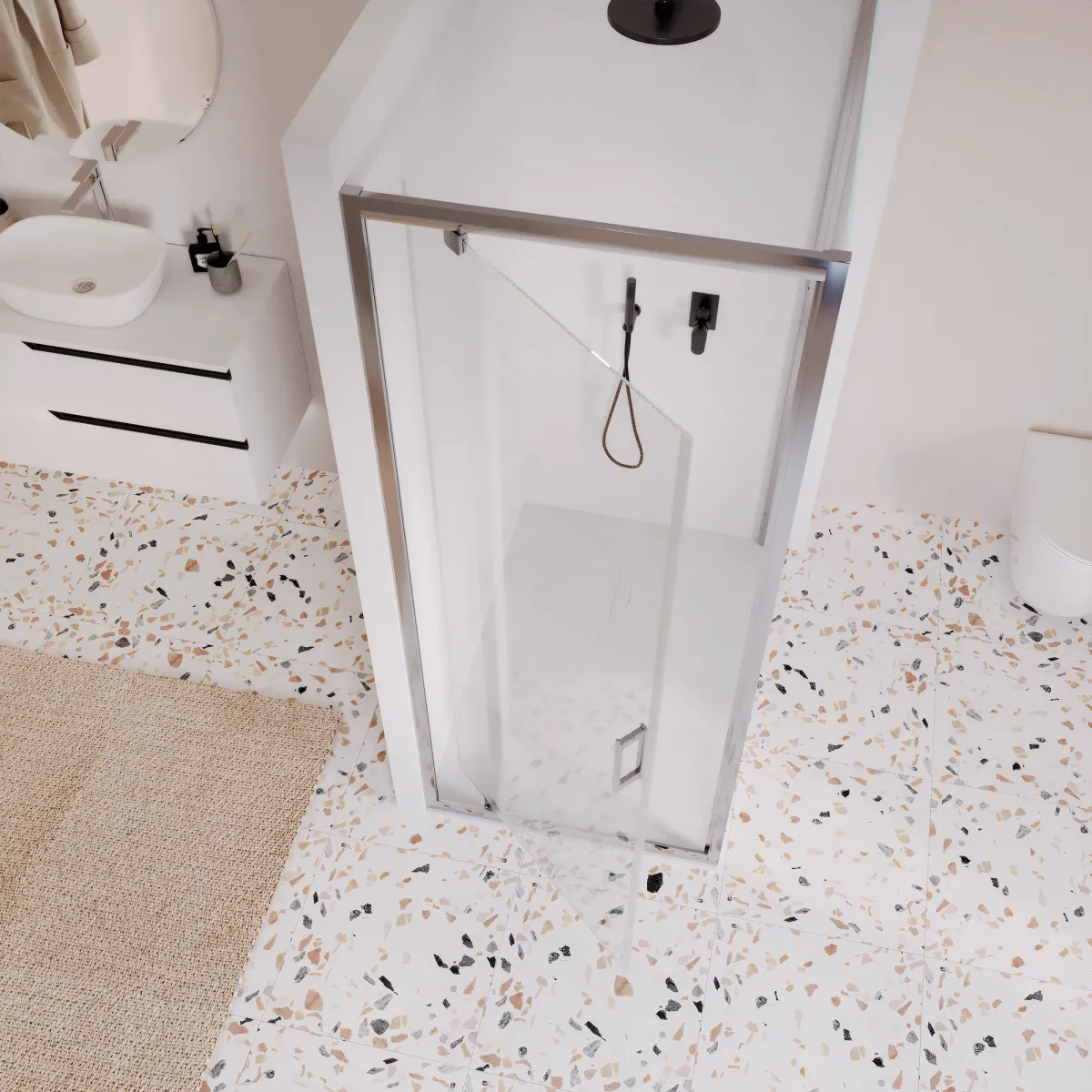 Zweiseitige Duschkabine mit feststehender Drehtür und ADELE-Tür