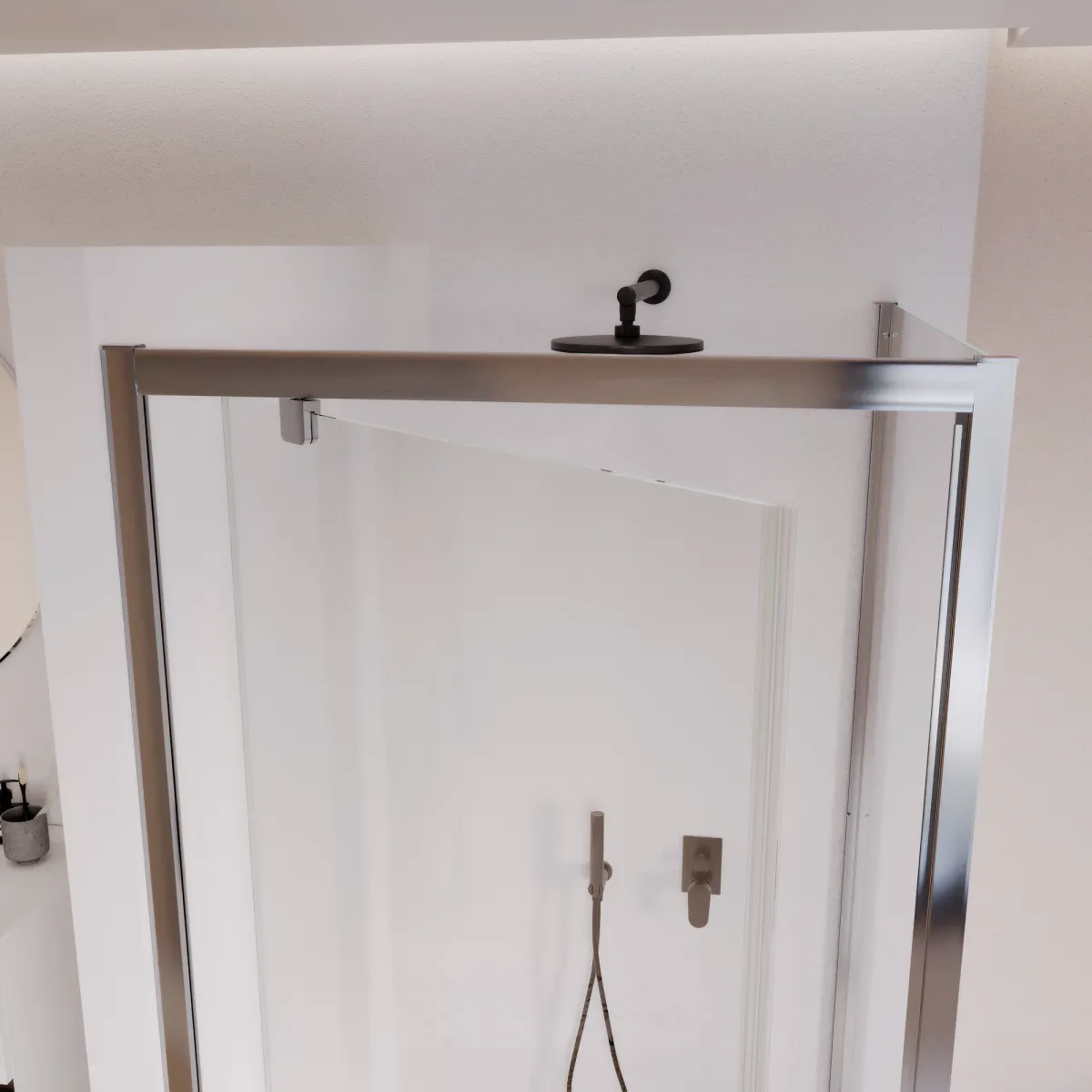 Zweiseitige Duschkabine mit feststehender Drehtür und ADELE-Tür