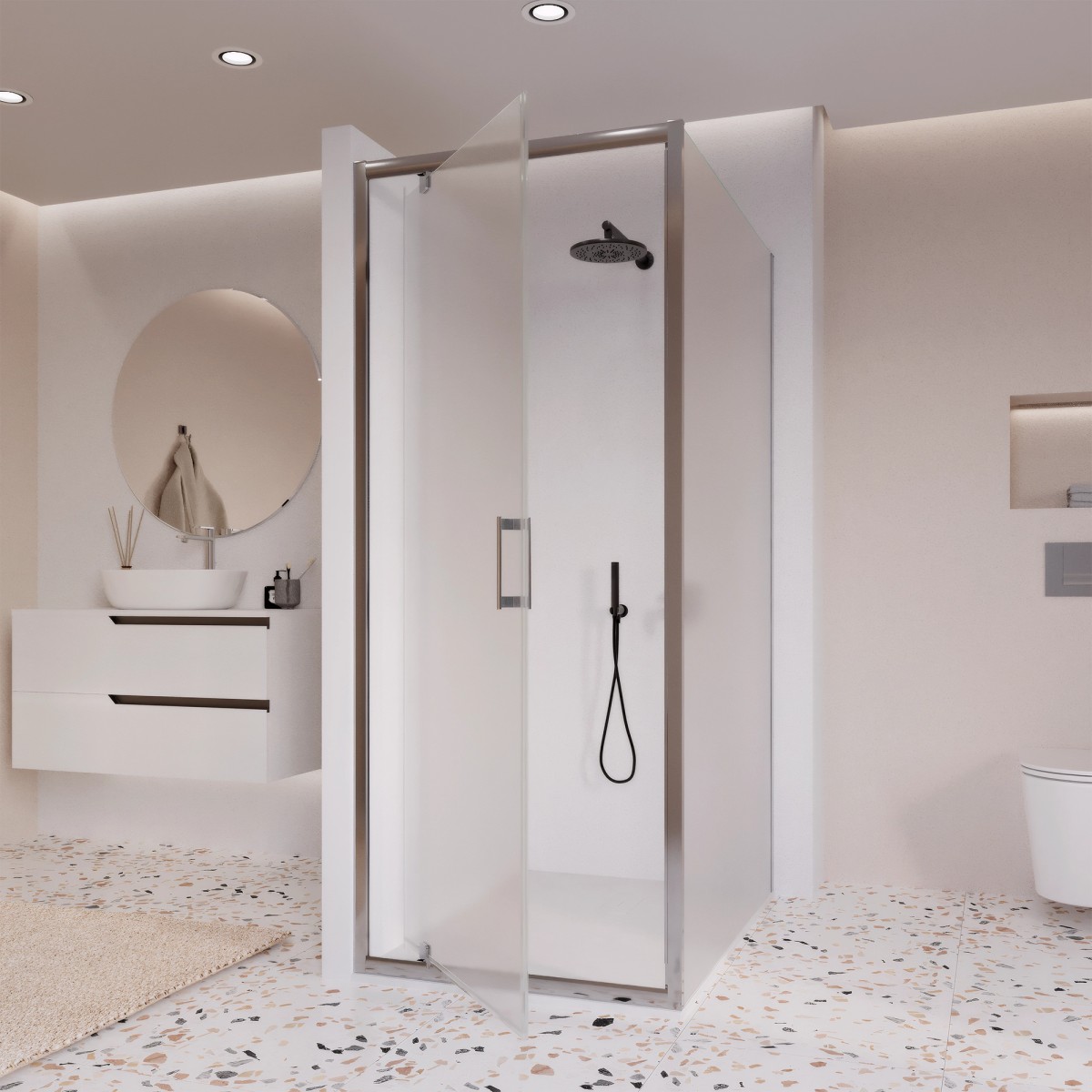 Cabine de douche deux faces avec porte battante opaque h195 6mm Adele