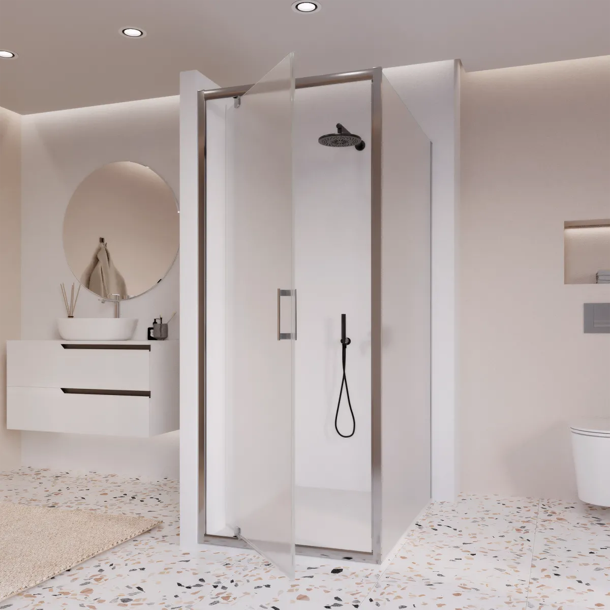 Cabine de douche double face Adèle avec porte battante opaque, h195, 6 mm