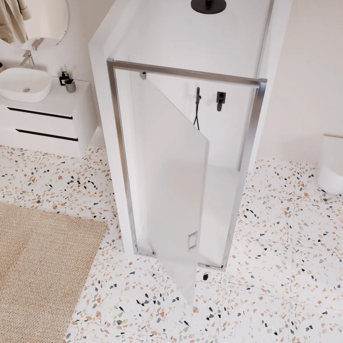 Cabine de douche double face Adèle avec porte battante opaque, h195, 6 mm