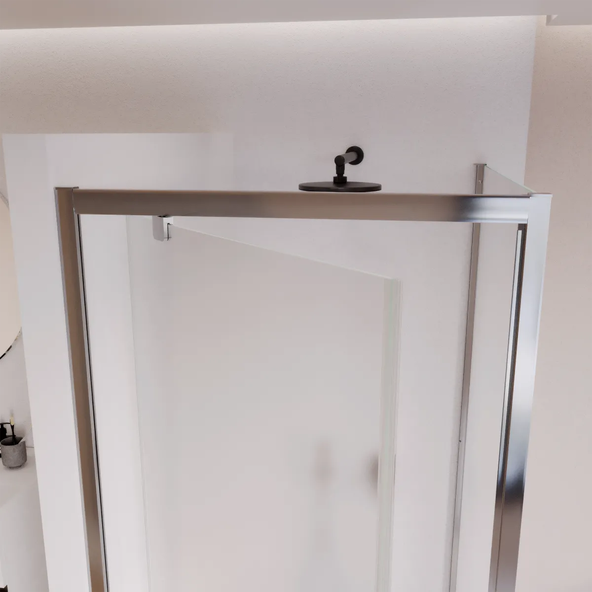 Cabine de douche double face Adèle avec porte battante opaque, h195, 6 mm