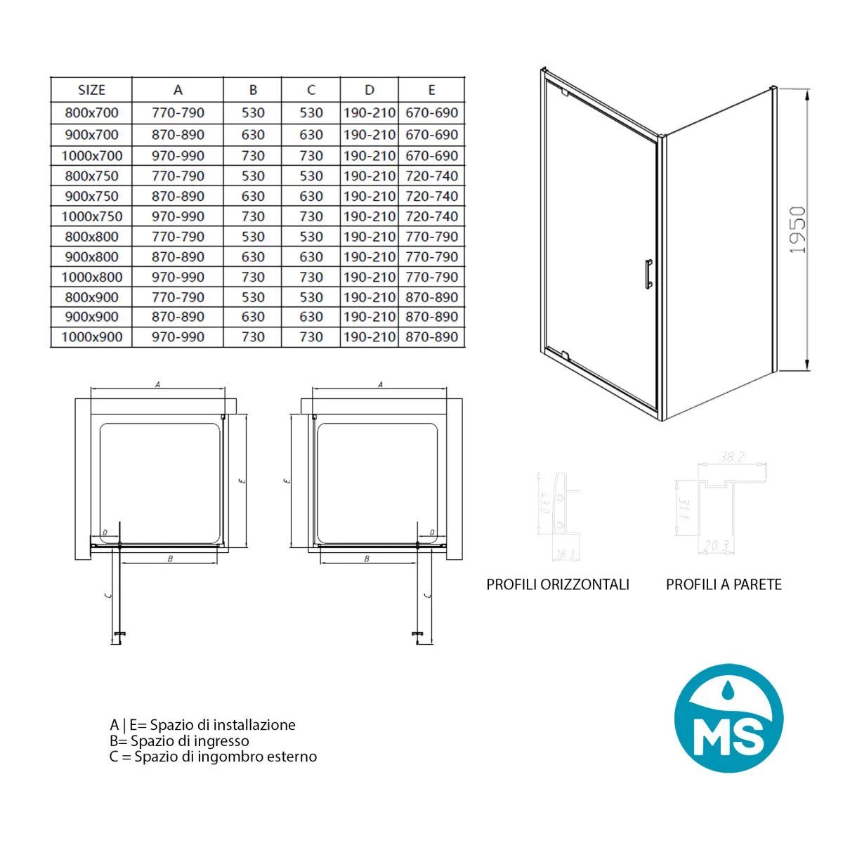 Cabine de douche double face Adèle avec porte battante opaque, h195, 6 mm
