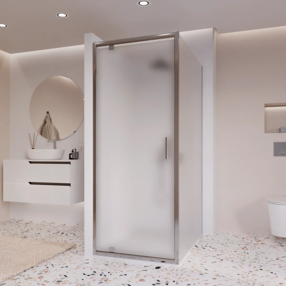 Cabine de douche double face Adèle avec porte battante opaque, h195, 6 mm