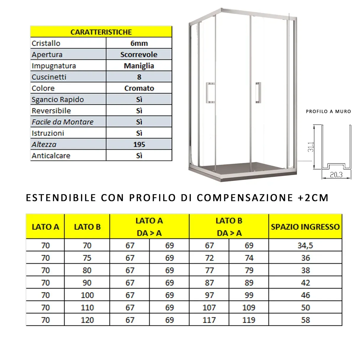 Box Doccia Angolare Ante Scorrevoli Cristallo Satinato Opaco 6mm Adry