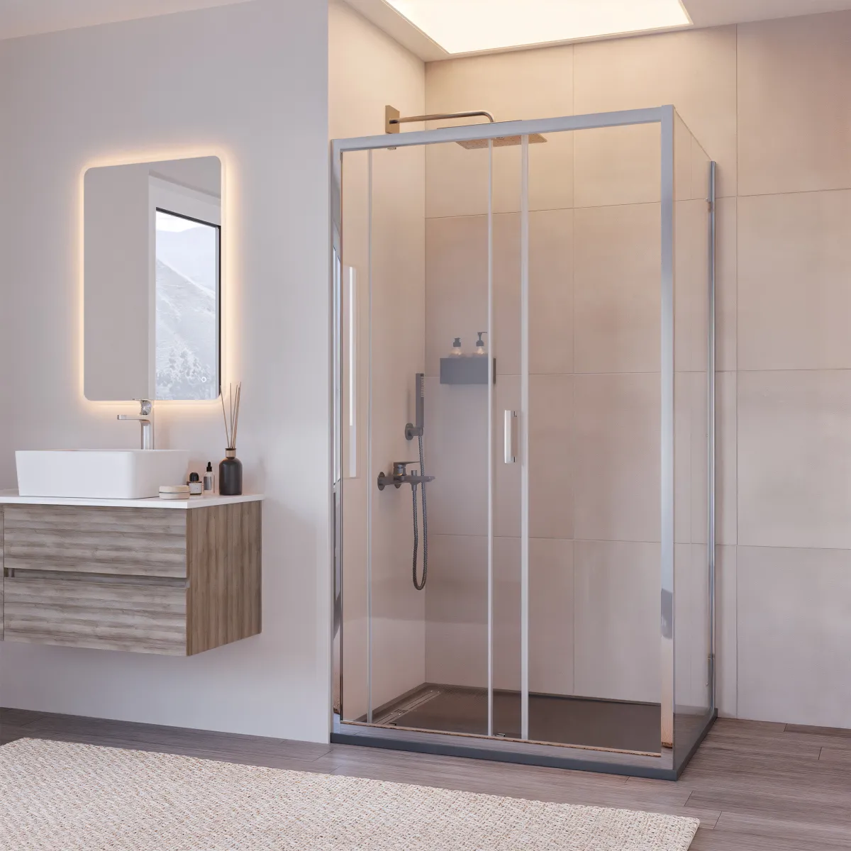 Cabine de douche fixe 2 faces plus porte coulissante H195 AGATA