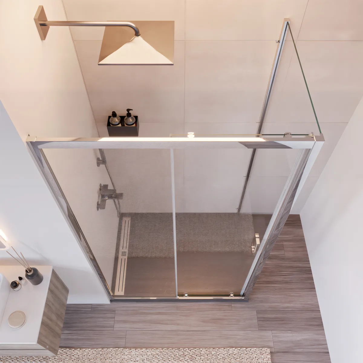 Cabine de douche fixe 2 faces plus porte coulissante H195 AGATA