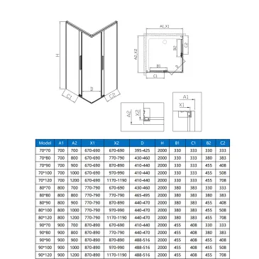Cabine de douche d'angle double face, 8 mm h200, fermeture amortie ZARA