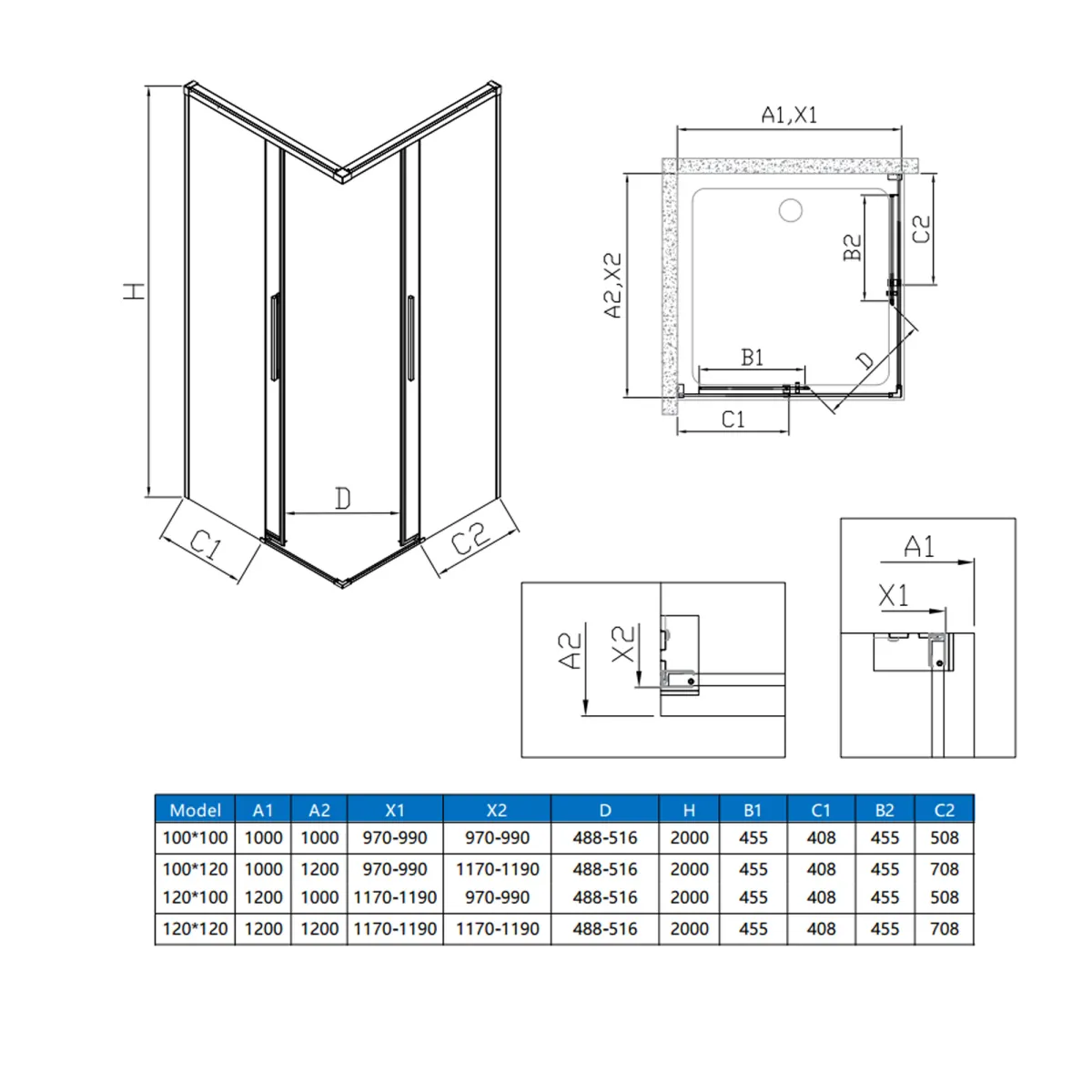 Cabine de douche d'angle double face, 8 mm h200,...