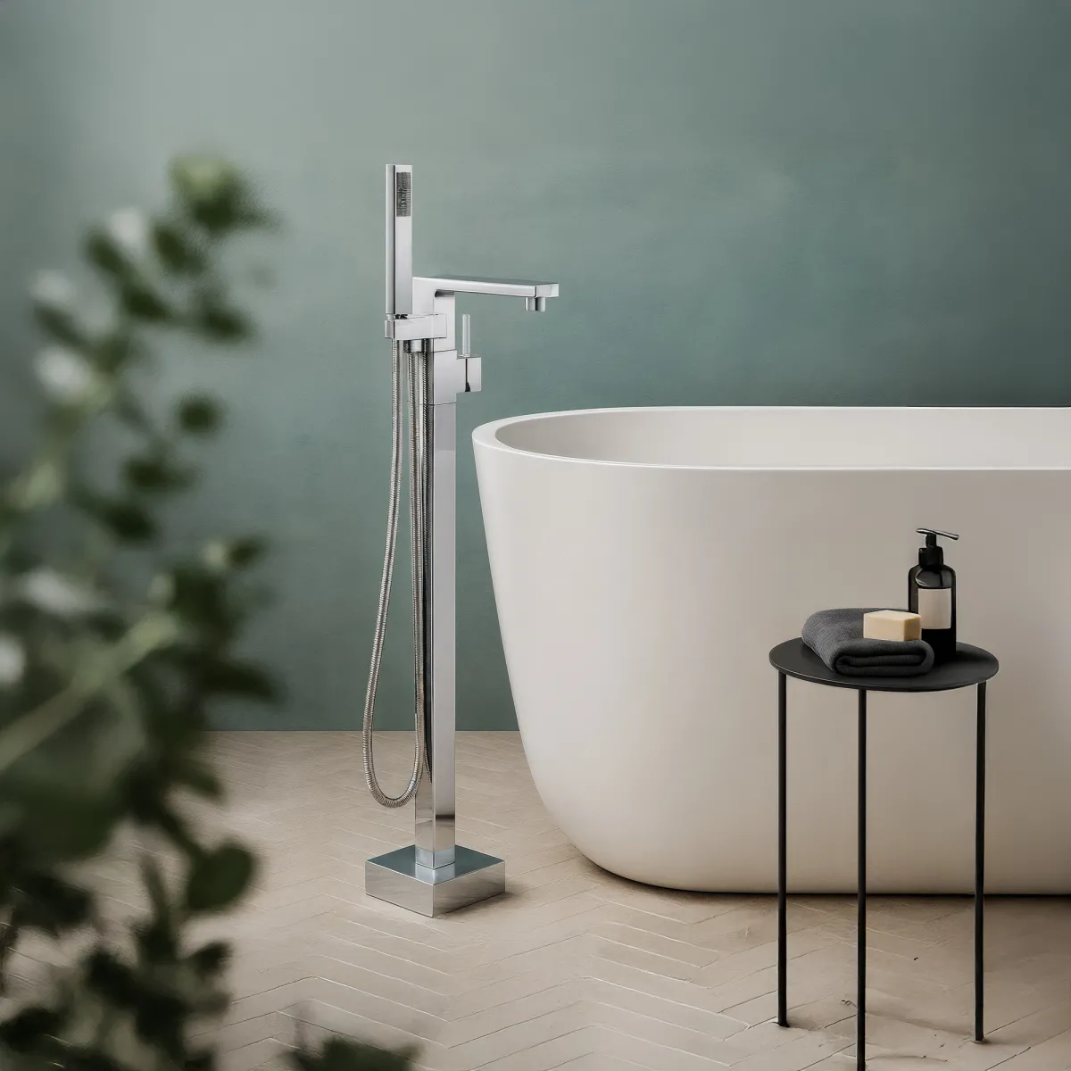 Mitigeur de baignoire carré chromé sur pied