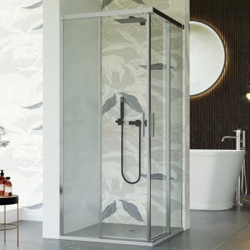 CABINE DE DOUCHE à deux côtés avec ouverture coulissante sans profilés ADRY. Même longueur.
