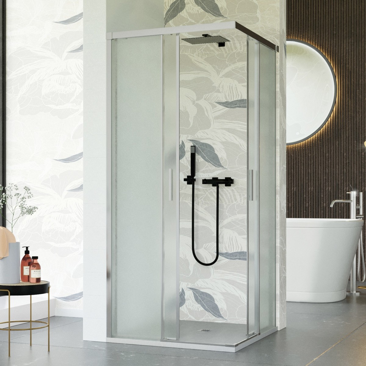 Cabine de douche 2 côtés avec porte coulissante gravée mate H195 UNICO