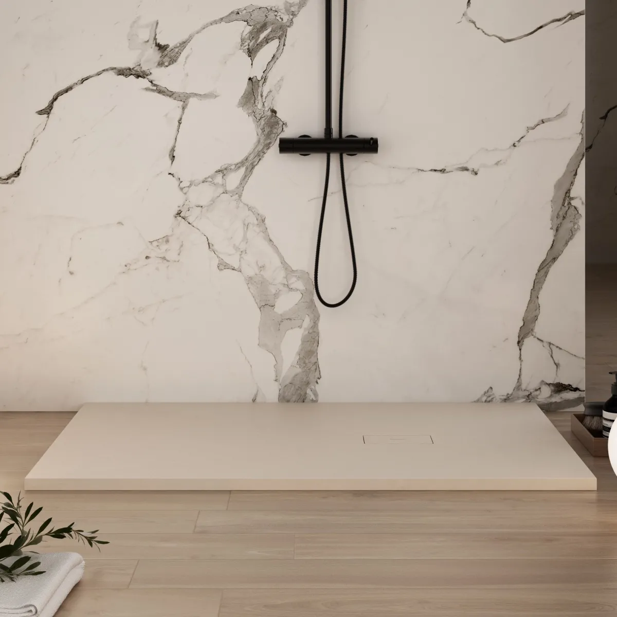 Receveur de douche en résine crème à trou latéral MAKA