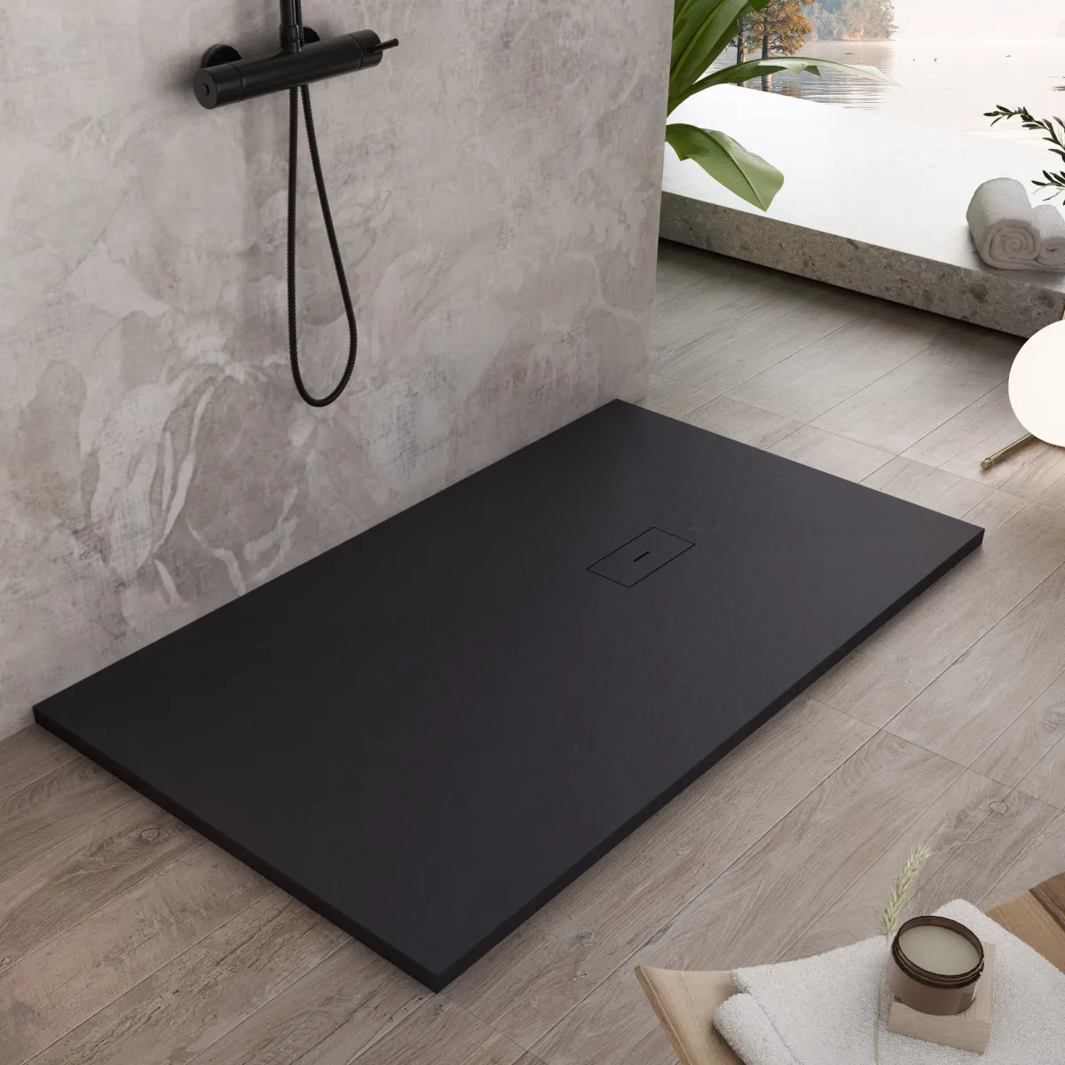 MAKA-Duschwanne aus schwarzem Kunstharz mit seitlichem Loch