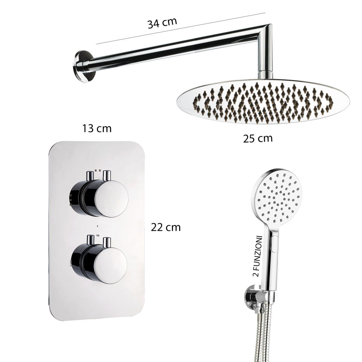 5-teiliges Thermostat-Duschset: Mischbatterie, Arm, 25-mm-Duschkopf, Handbrause