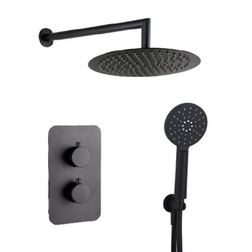 Kit de douche noir 5 pièces : pommeau de douche, bras de douche, douchette, mitigeur thermostatique