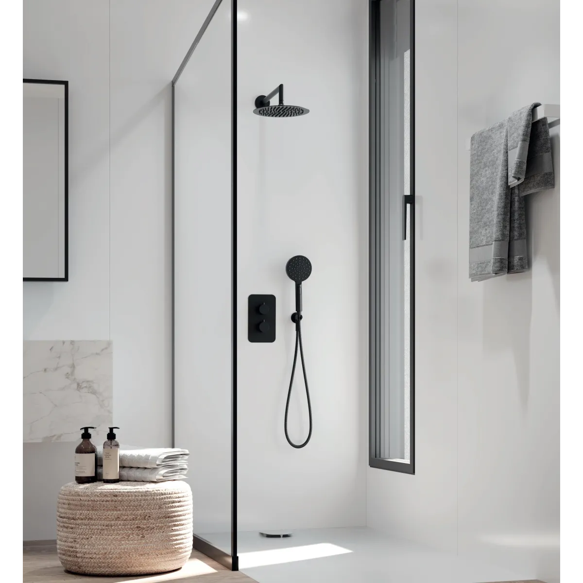 Kit de douche noir 5 pièces pommeau de douche bras de douche douchette mitigeur thermostatique