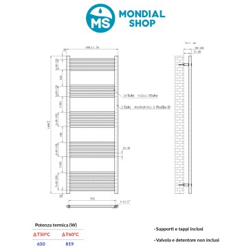 Radiateur sèche-serviettes blanc 800 x 600 mm, entraxe de 550 mm.