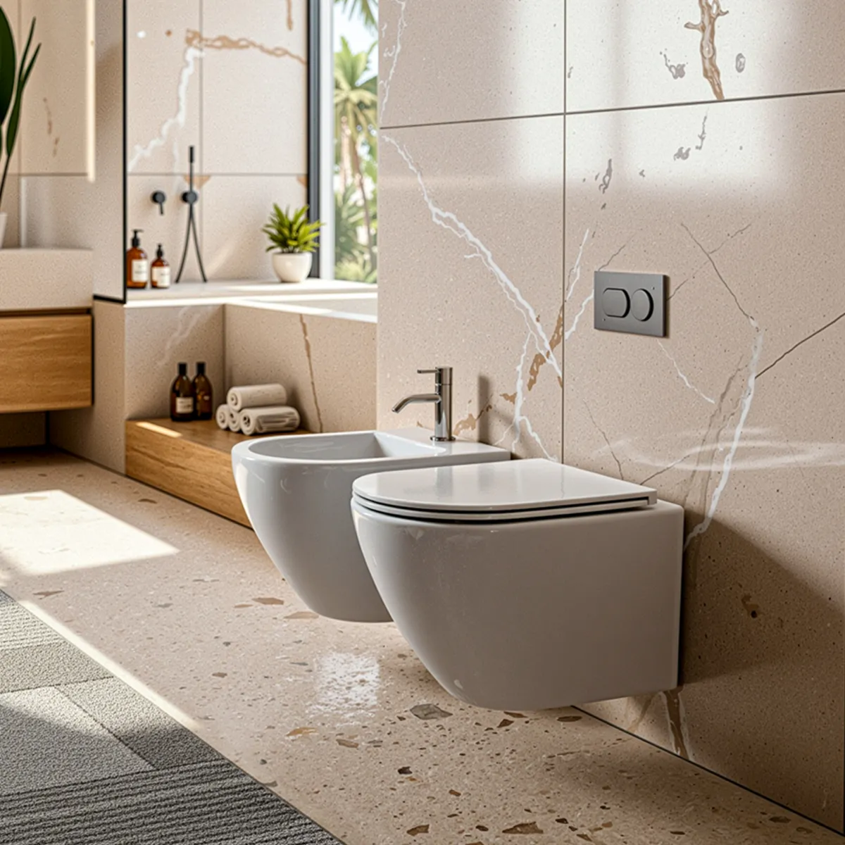 Couple de toilettes et bidet sans rebord | soleil